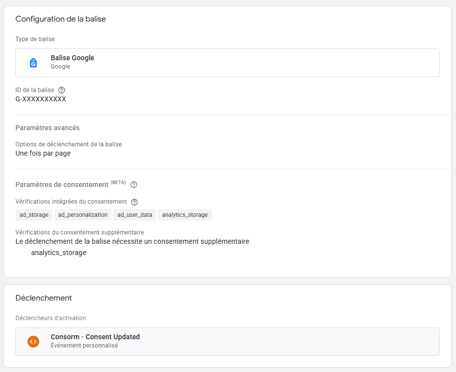 Résumé d'une balise Google Analytics dans Google Tag Manager : ID de la balise, Une fois par page, consentement supplémentaire analytics_storage, déclencheur Consorm - Consent Updated