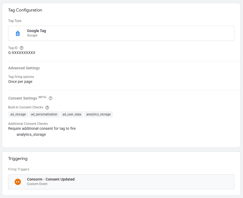 Summary of a Google Analytics tag in Google Tag Manager: Tag ID, Once per page, additional consent analytics_storage, trigger Consorm - Consent Updated
