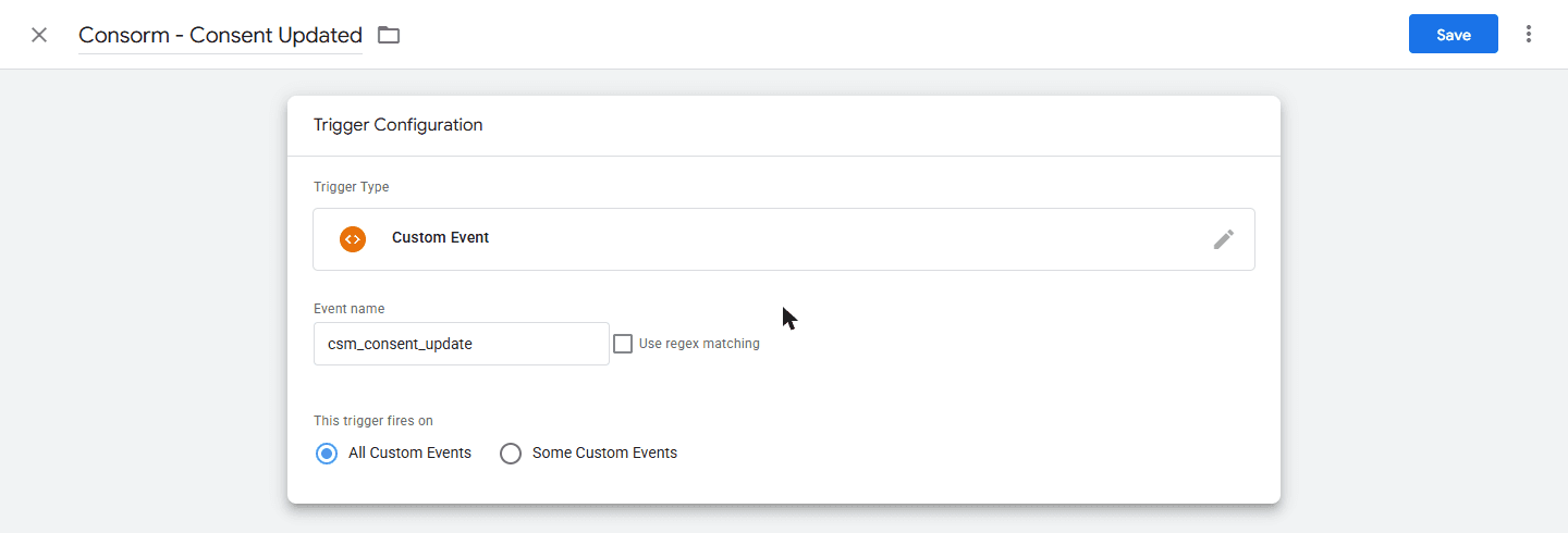 Trigger configuration in Google Tag Manager: Custom Event type, event name csm_consent_update, All Custom Events